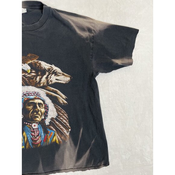 Vintage American Thunder Native American Eagle Wolf T-Shirt Size XL Sun Faded - Picture 4 of 11